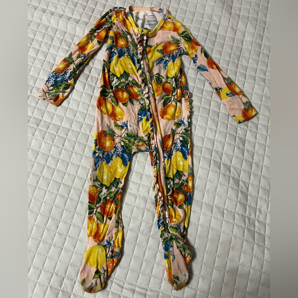 Posh Peanut Pink Jumpsuit with Fruit and Floral Design and Ruffle butt